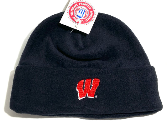 Wisconsin Badgers Vintage NCAA Cuffed Black Fleece Hat NOS By Drew Pearson Marketing